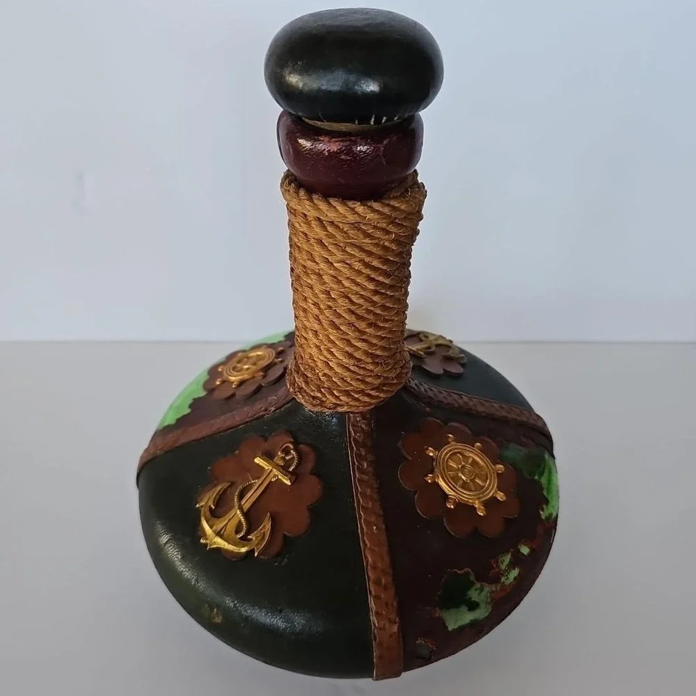 Vintage Italian Leather Wrapped Glass Decanter Nautical Anchor Ship‎ Wheel Decor